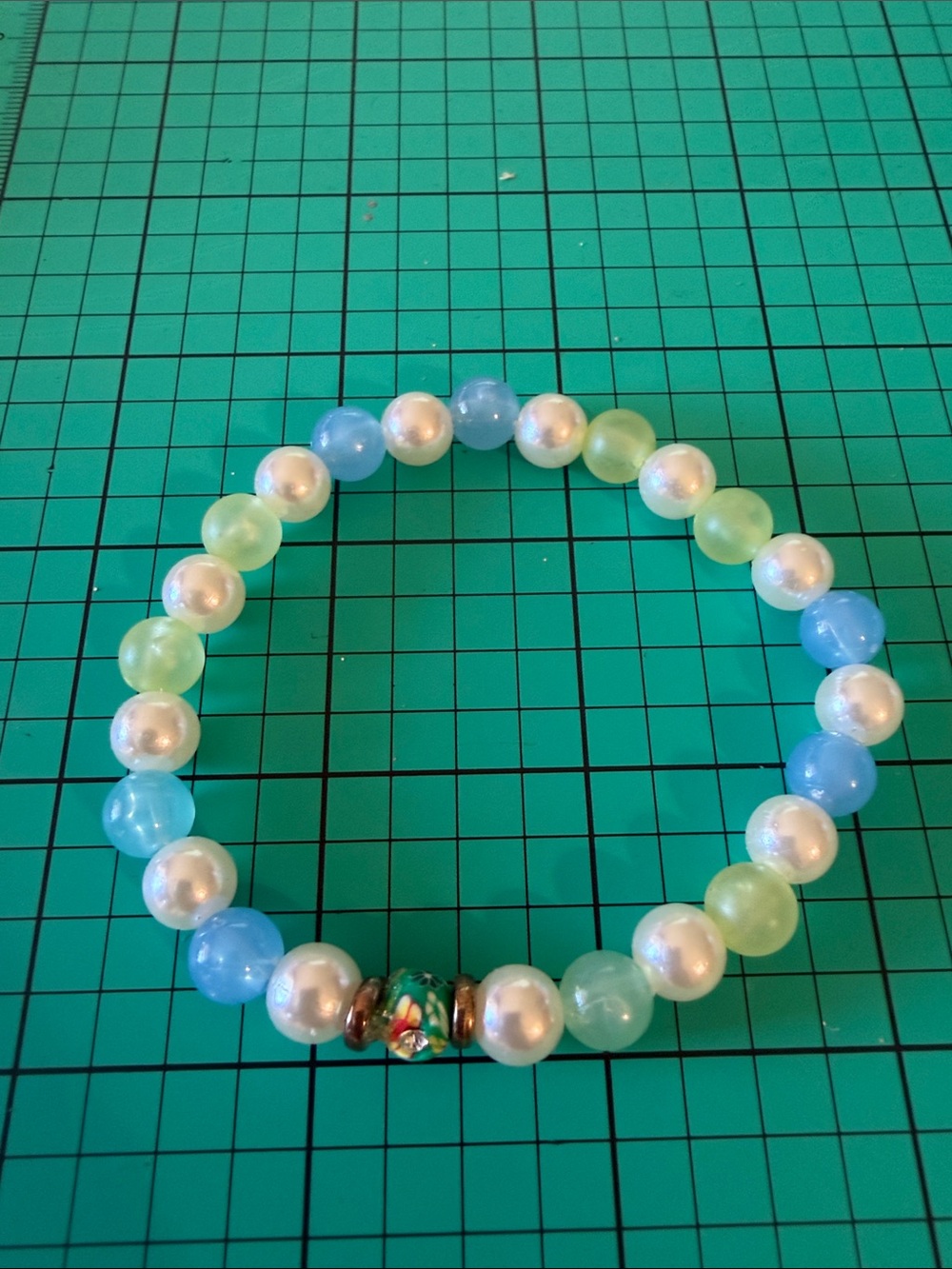 Pastel Blue & Green Beaded Stretch Bracelet with Pearl Accents
